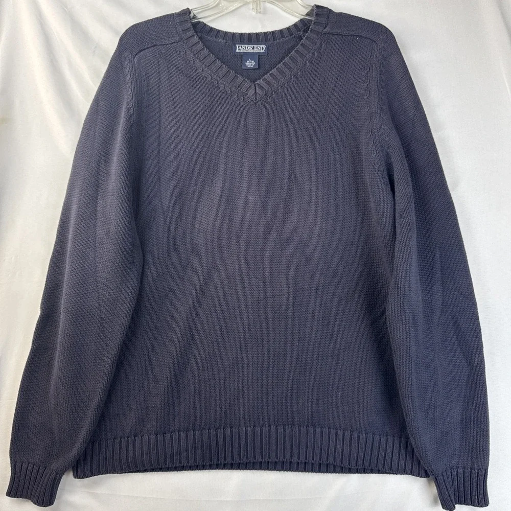 Lands' End Men's‎ V-Neck Sweater Large 14-16 Navy Blue 100% Cotton